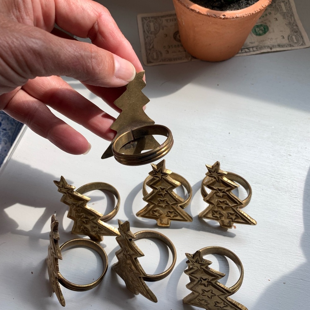Vintage Brass Christmas Tree Napkin Rings - Picture 2 of 5